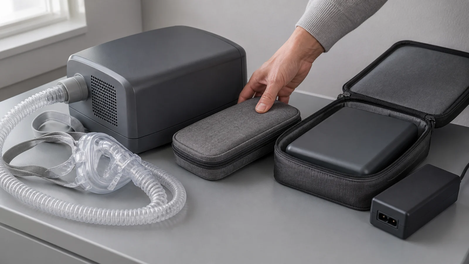 Caregiver hand placing a closed cable pouch beside an unbranded CPAP, mask and hose, open battery case, and power brick on a metal surface