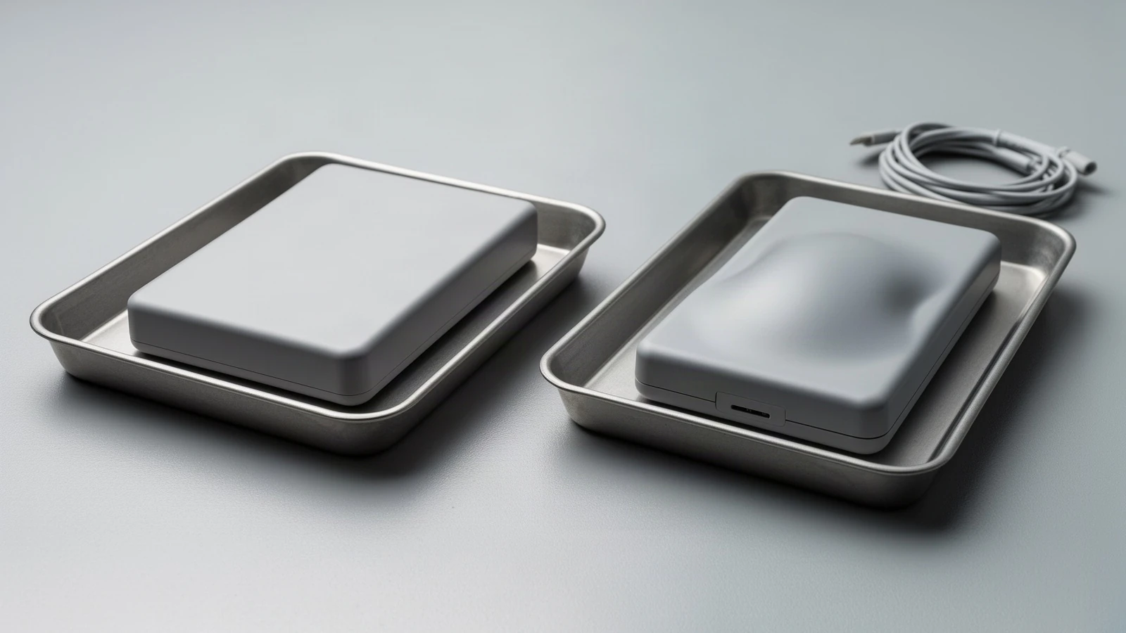 Intact and visibly swollen CPAP battery packs isolated in separate metal trays with a detached cable