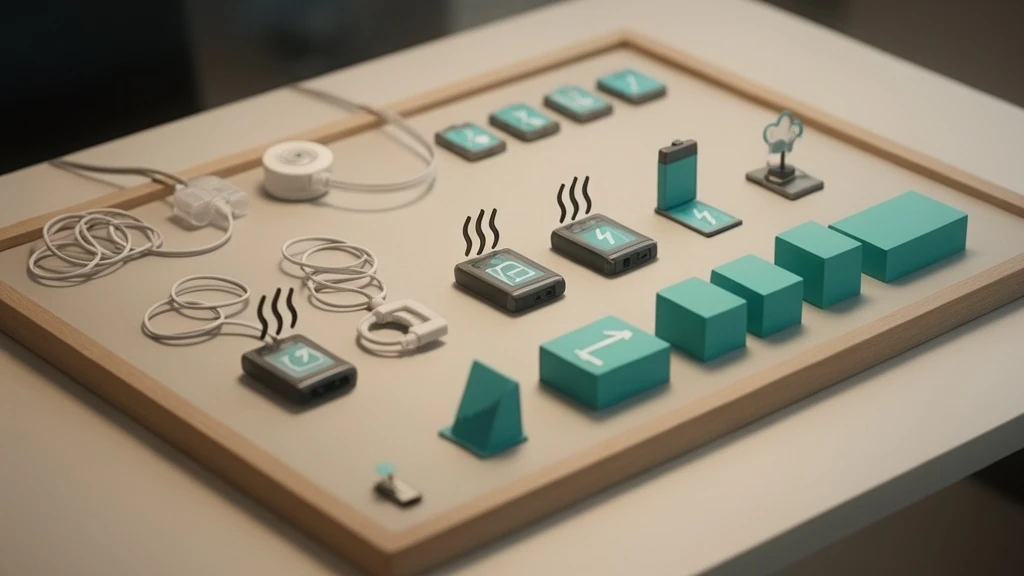 Tabletop arrangement of CPAP cables, small power devices, a plug-in meter, and teal blocks