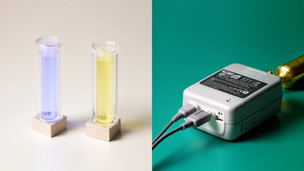 Split image showing two illuminated cylinders beside a DC power adapter with cables