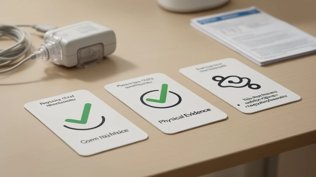 Illustrated evidence cards beside a CPAP hose and power accessories