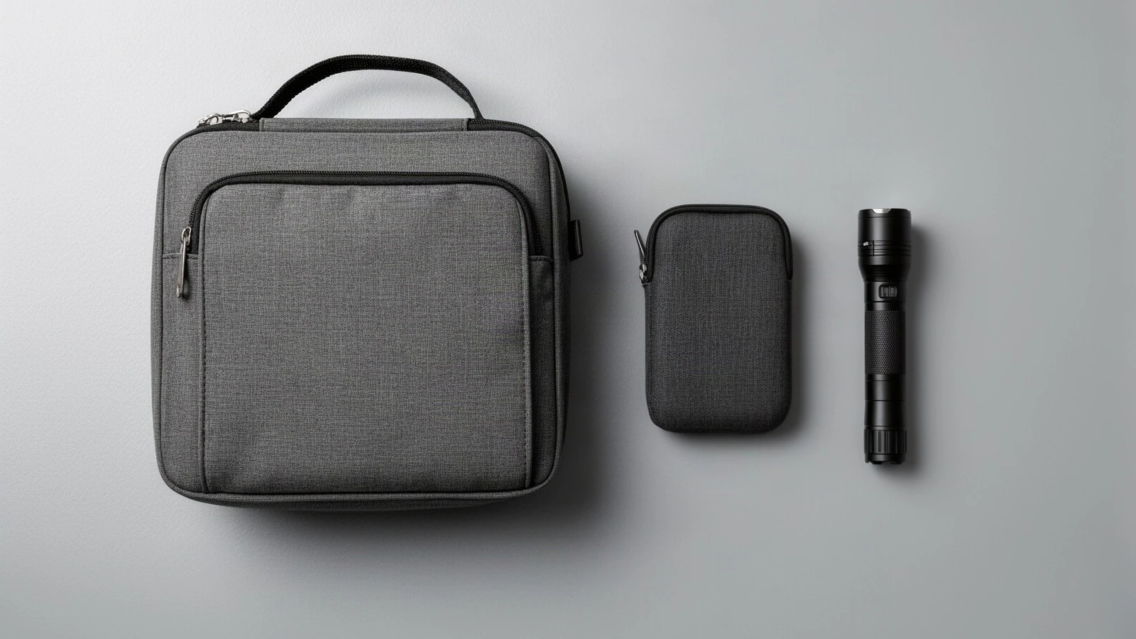 Closed CPAP travel case, separate closed battery pouch, and flashlight arranged as an outage kit