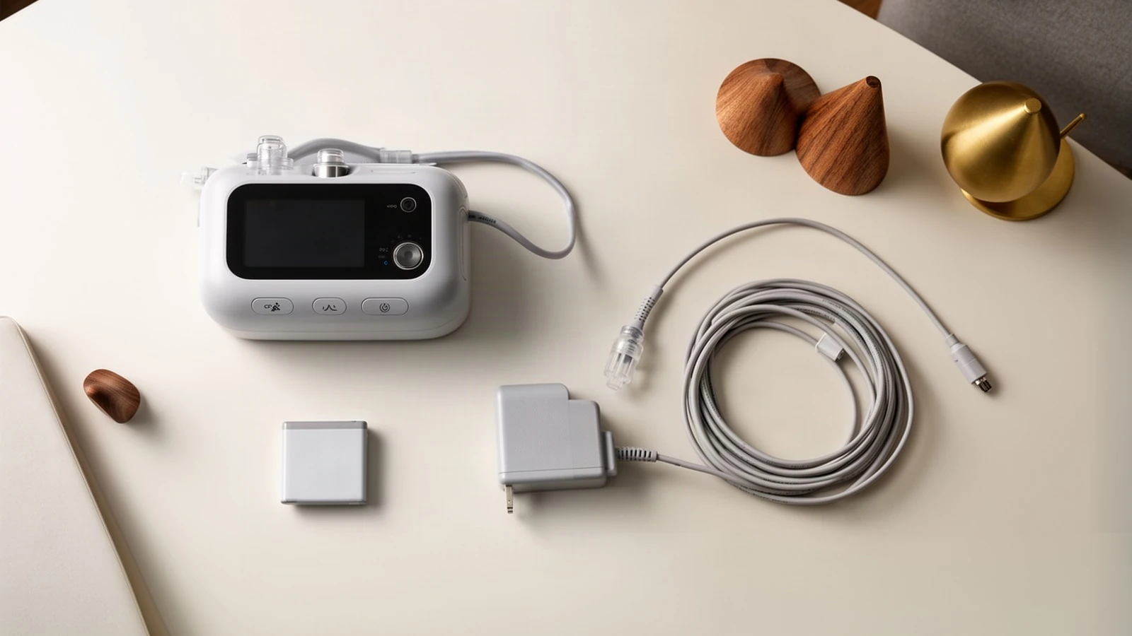 Top-down arrangement of a CPAP machine, adapter, and cables