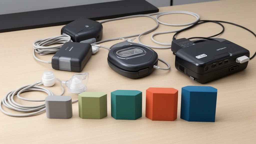 Generic CPAP equipment, cables, and colored blocks arranged on a tabletop