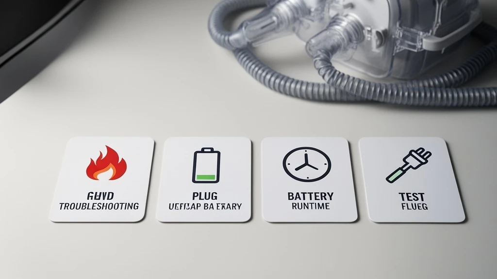 Illustrated CPAP troubleshooting sequence with a hose, battery, clock, and test icons
