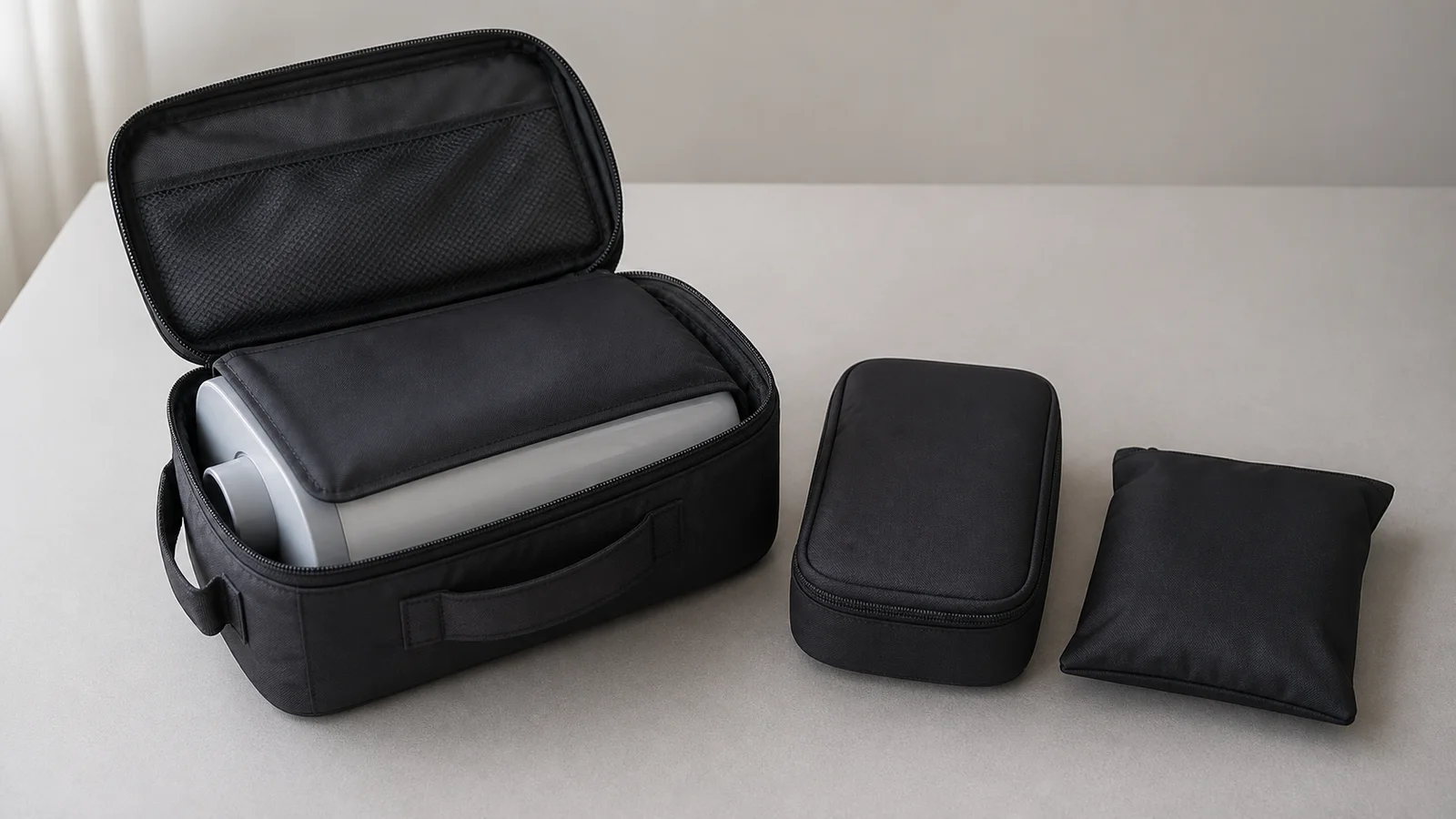A generic CPAP packed in its carry bag beside closed protective pouches for a backup battery and cable