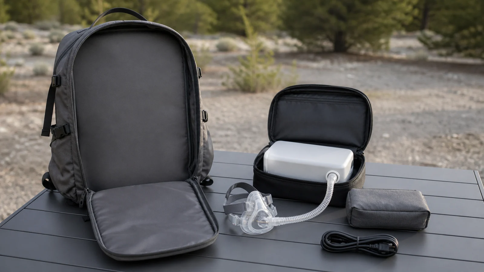 Travel CPAP in an open backpack kit with attached breathing hose and mask, separate battery sleeve, and one detached power cable