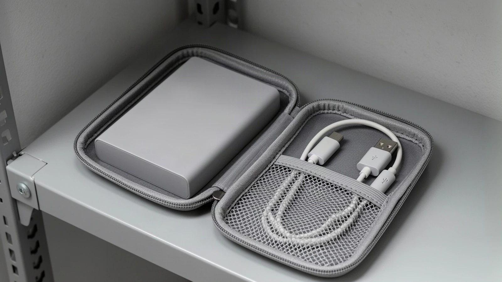 Plain CPAP backup battery and detached charging cable stored in fabric cases on a clean metal shelf