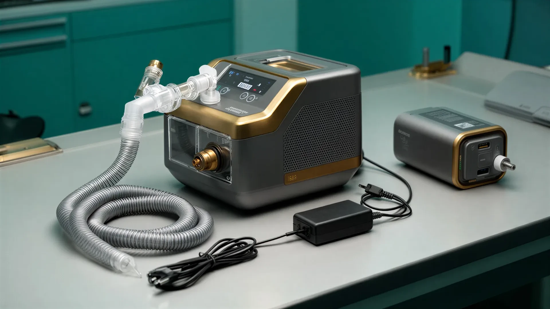 Bilevel PAP machine with battery, power brick, and cable options for conservative backup sizing