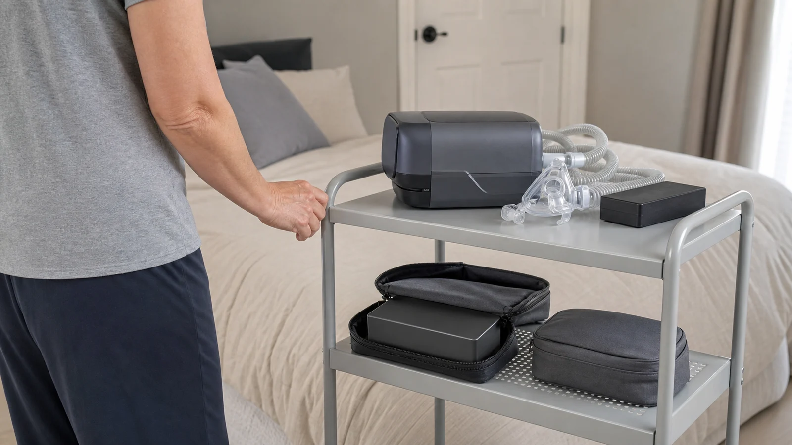 Caregiver moving a two-tier metal cart with an unbranded CPAP, mask and hose, battery case, and cable pouch beside a bed