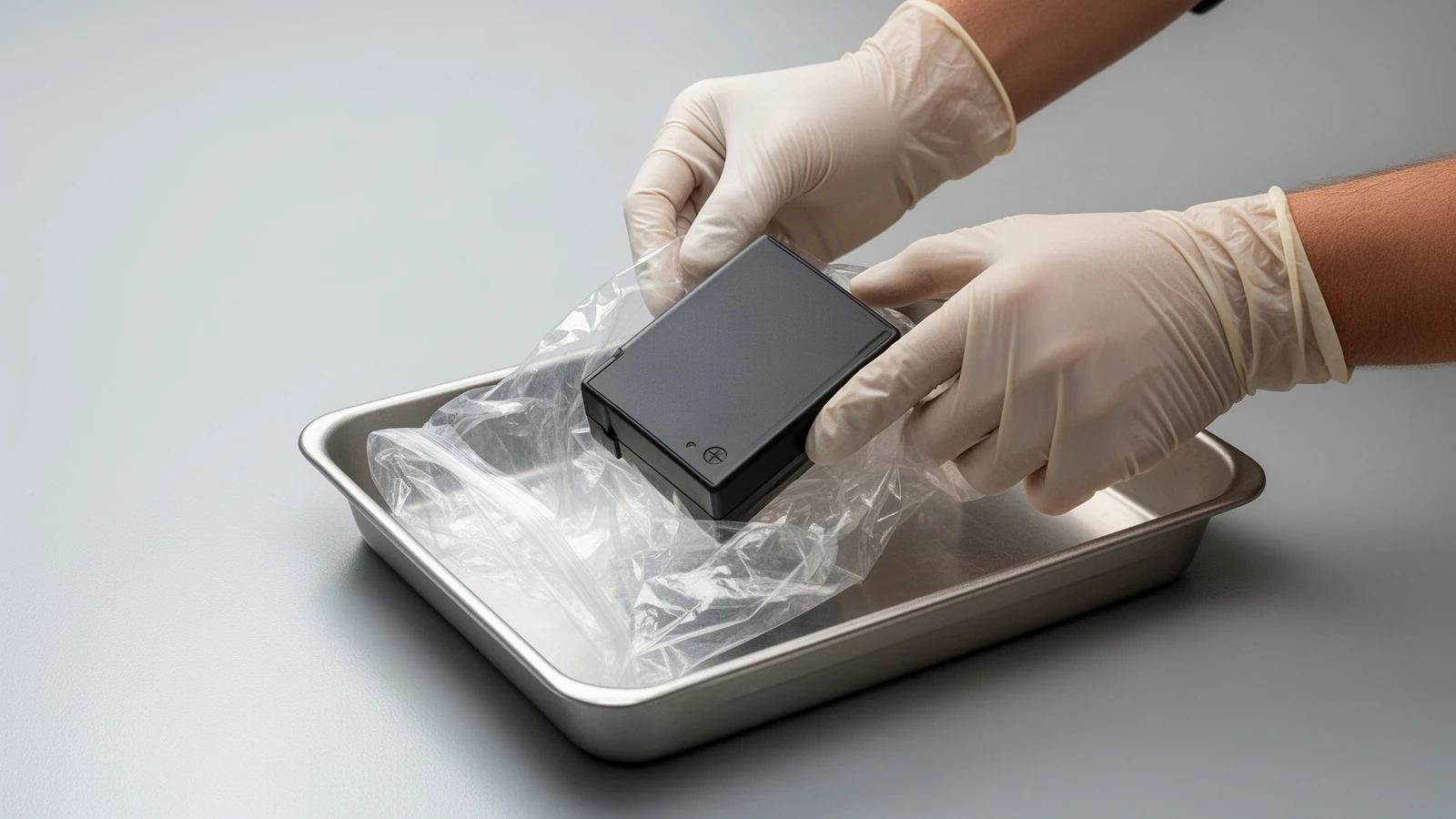 Gloved hands placing one intact enclosed CPAP battery in an individual clear bag inside a plain metal tray