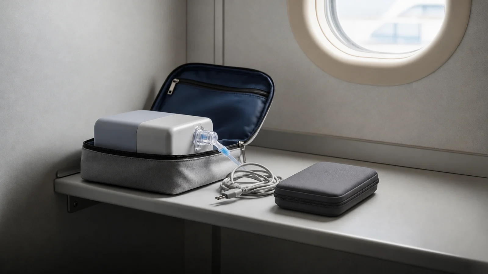 Unbranded travel CPAP with breathing hose, closed battery sleeve, and detached mains cable on a cruise-cabin shelf