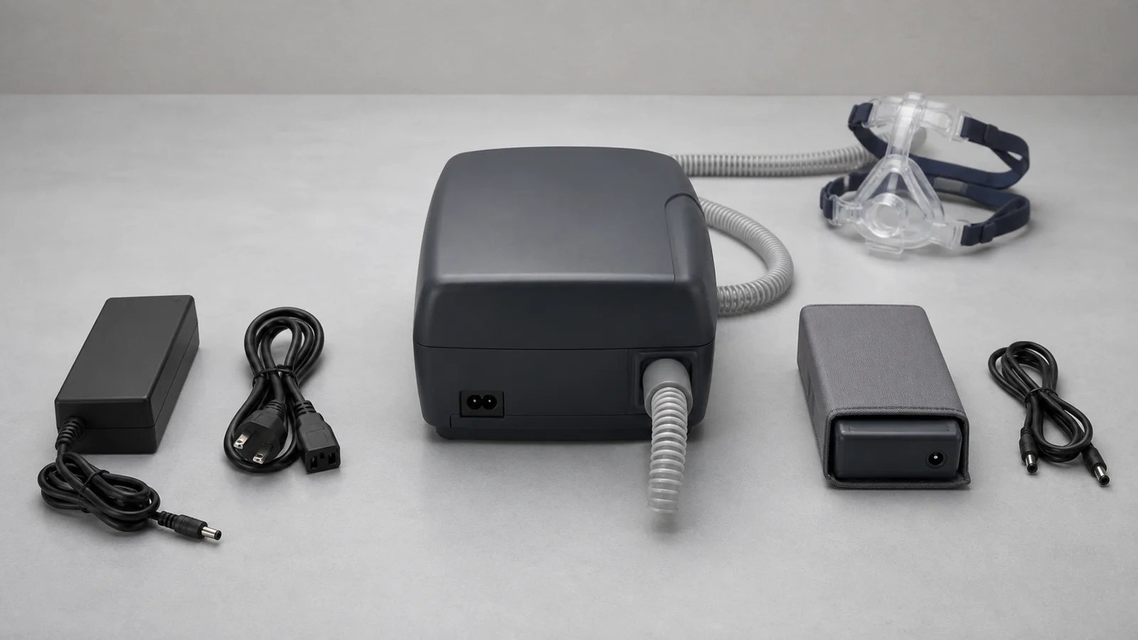 Generic CPAP with hose and mask, separate AC power brick and mains cord, sleeved battery, and detached DC cable arranged for power-consumption comparison