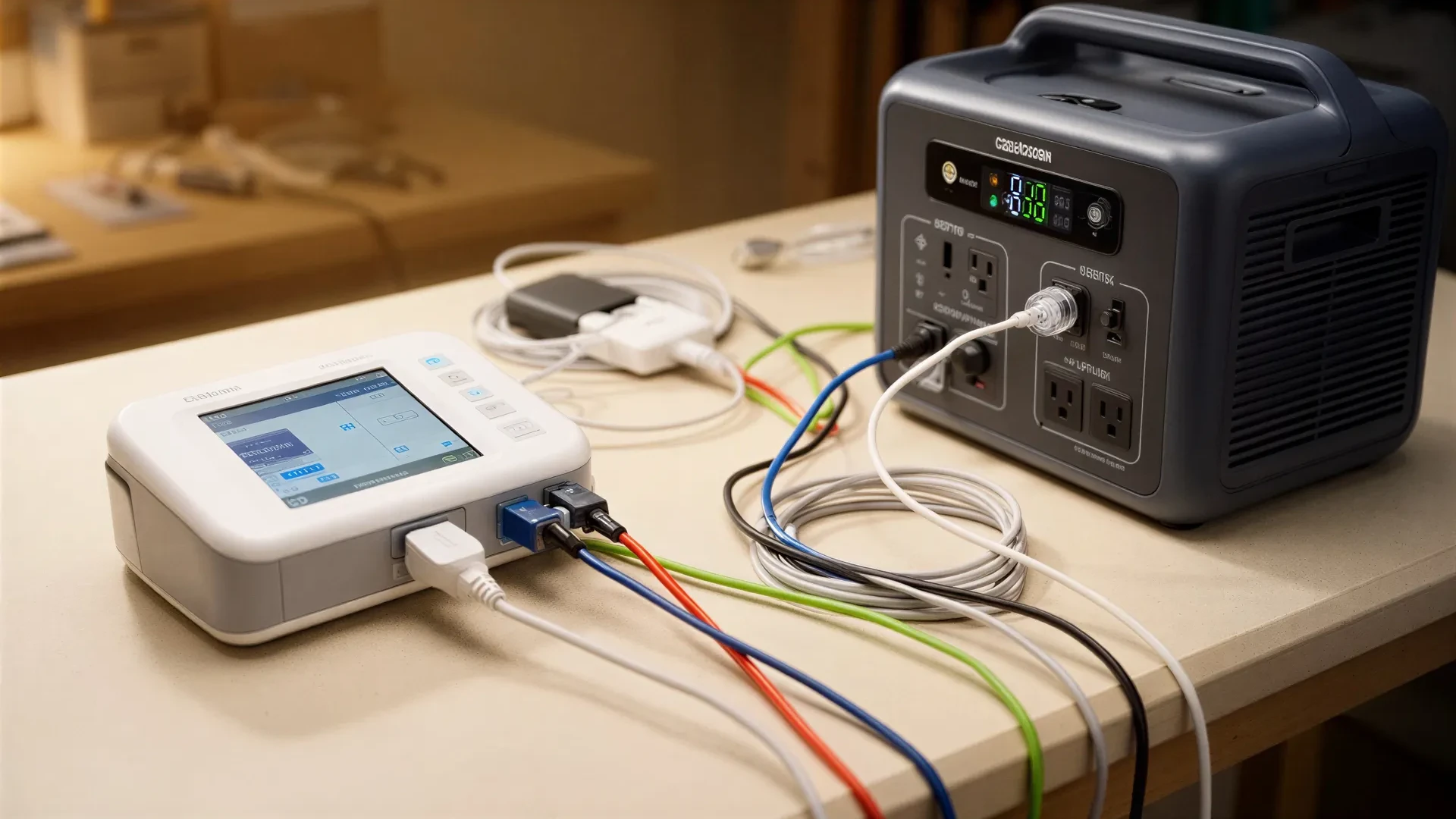 Portable power station connected by cables to a medical device