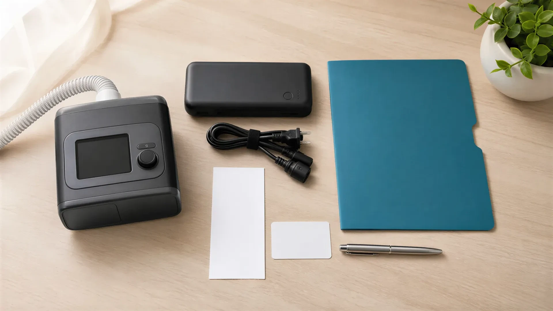 CPAP battery, receipt, benefit card, and blank documentation checklist on a clean desk