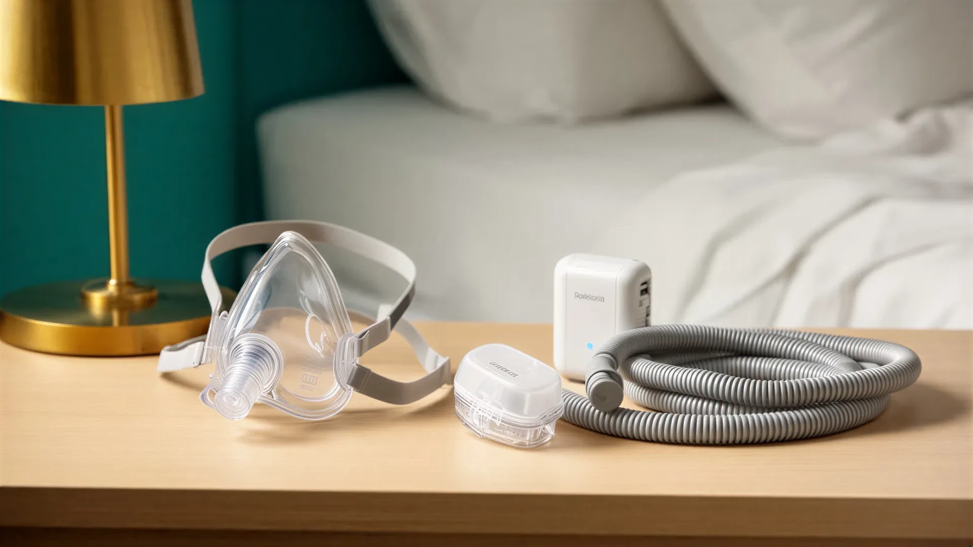 CPAP mask, passive HME filter, tubing, and battery planning notes on a bedside table