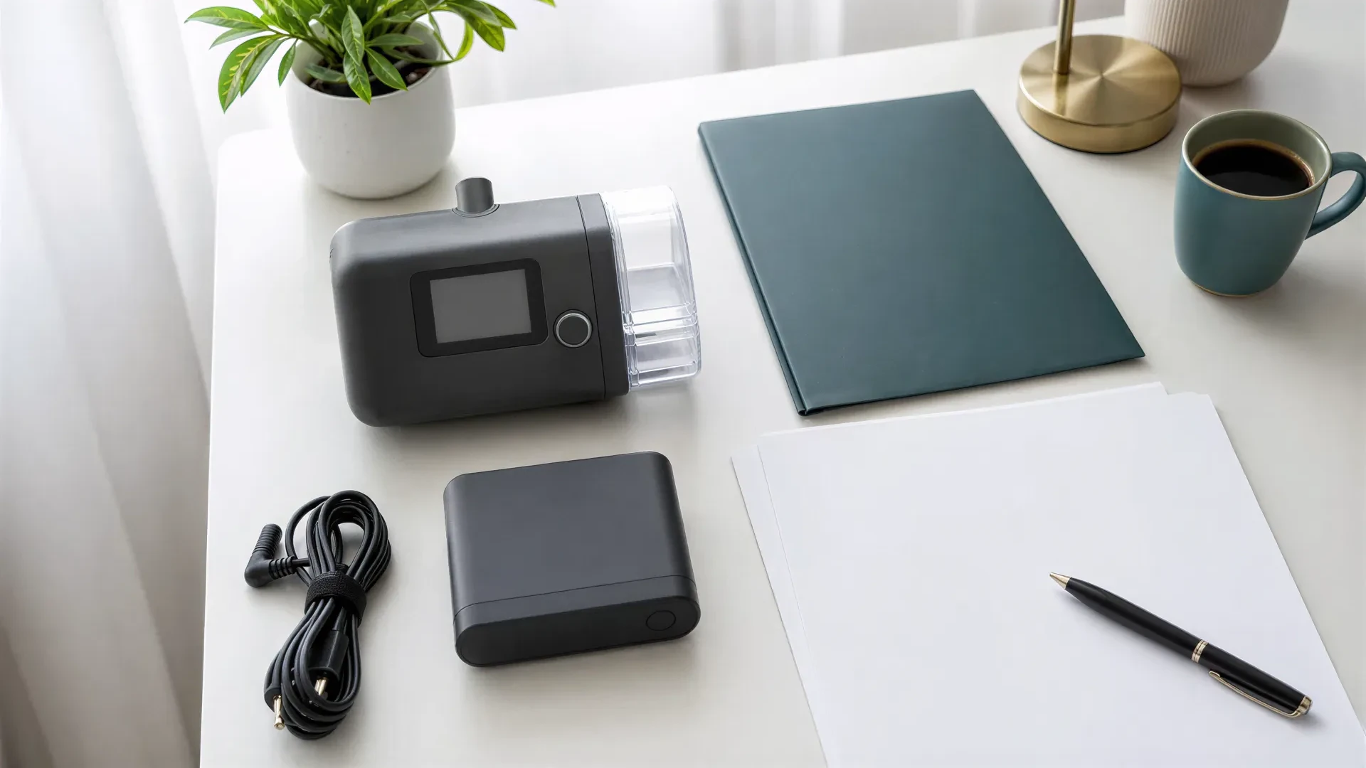 CPAP battery appeal packet with blank forms, receipts, and power cable arranged on a desk