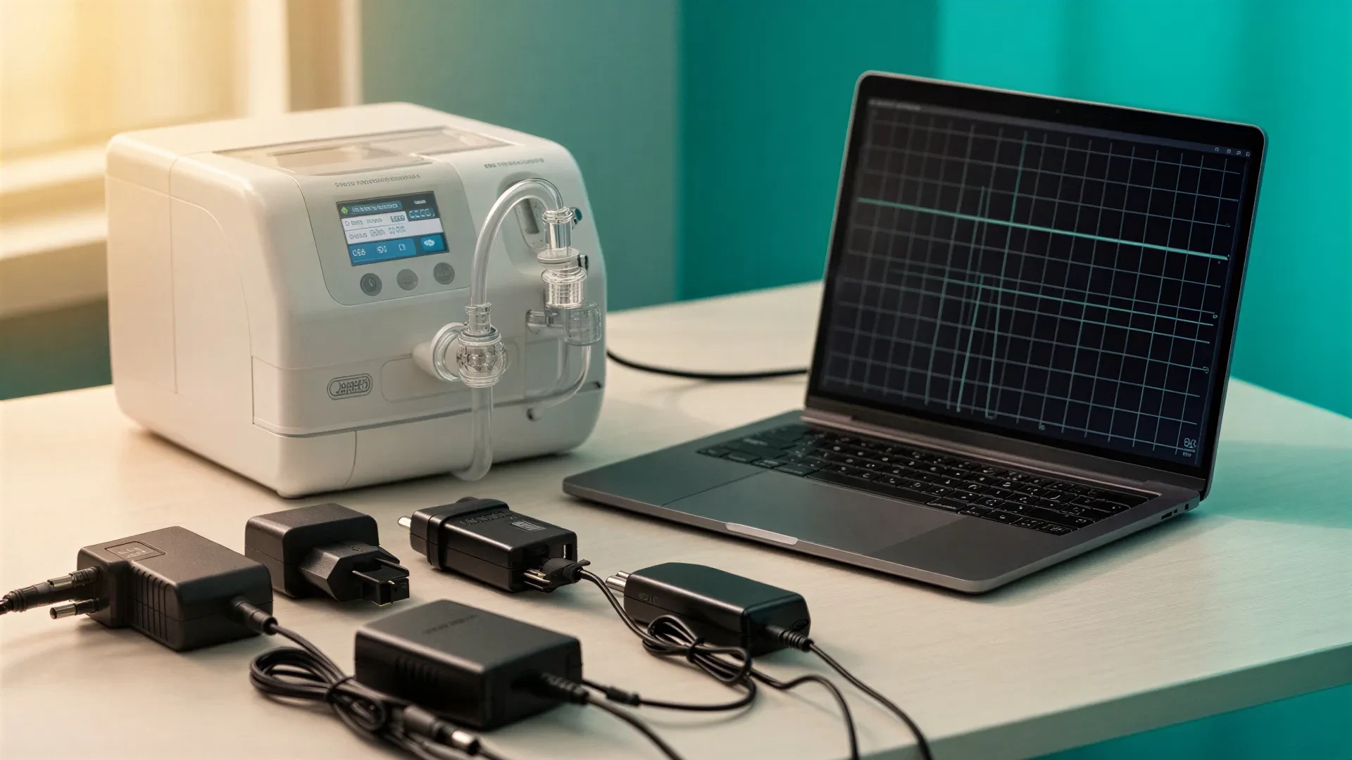 Generic respiratory device, power adapters, and laptop graph on a desk