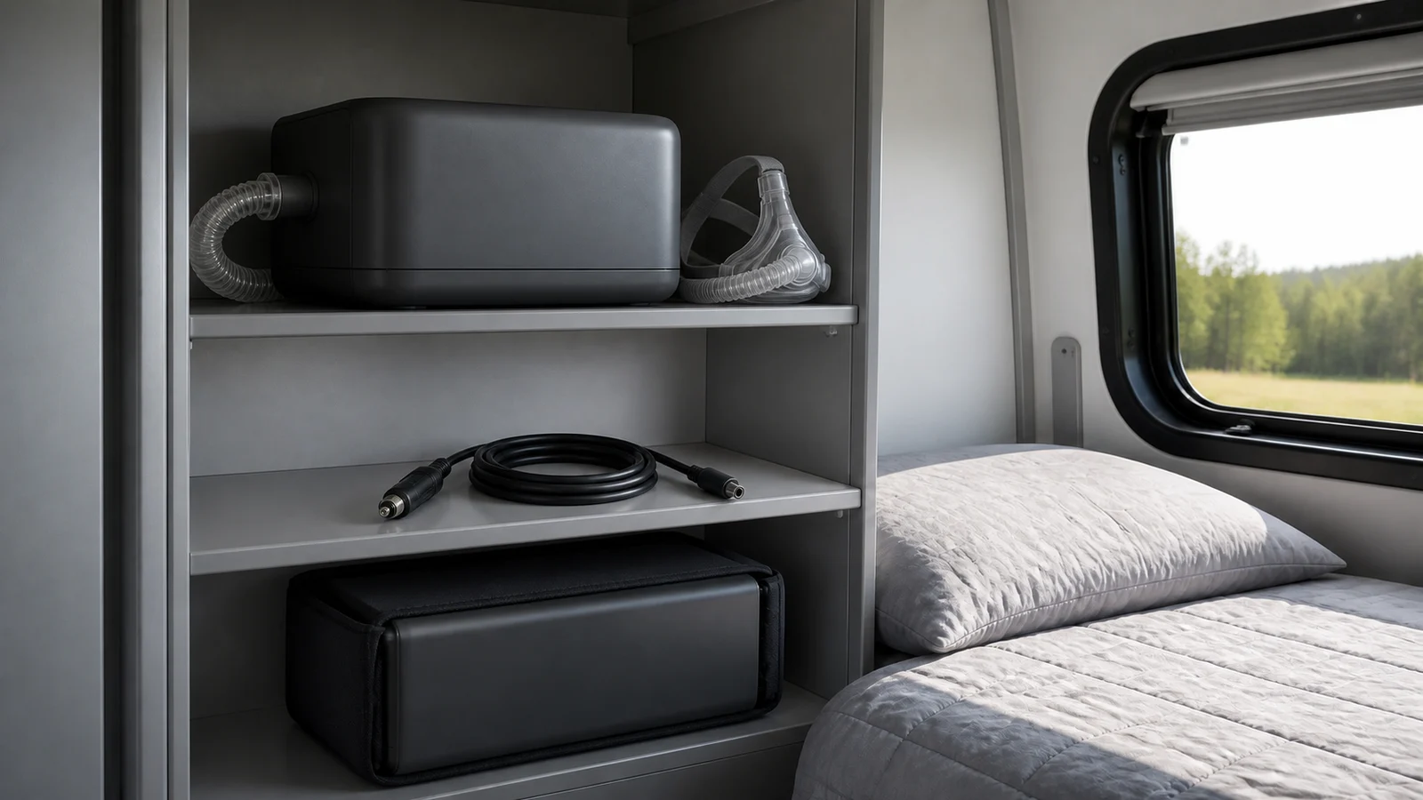 Generic CPAP machine with breathing hose, detached DC cable, and separate battery in a protective sleeve on metal RV shelving