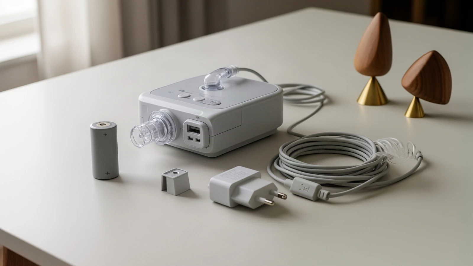 A CPAP machine, a battery, an adapter, and cables on a home table