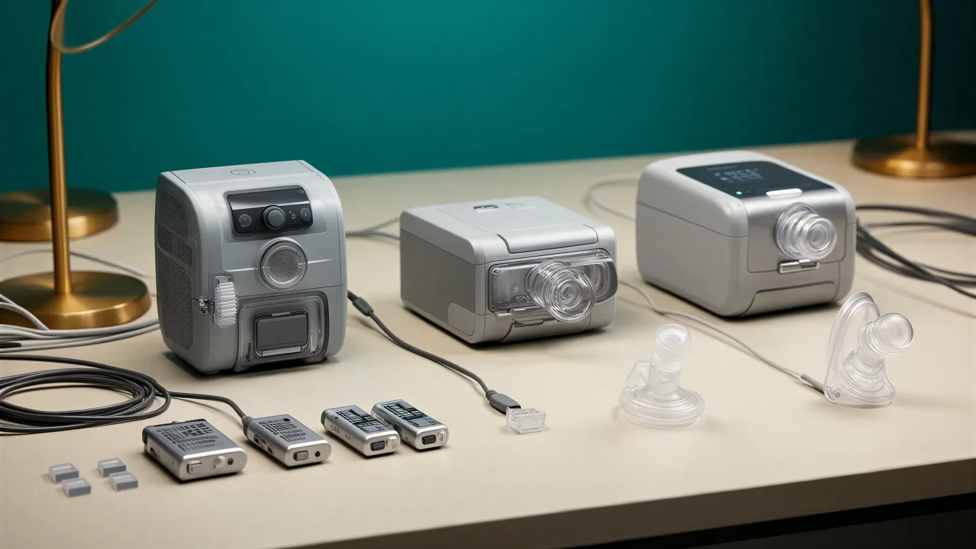 Generic travel CPAP equipment and compact batteries arranged on a tabletop