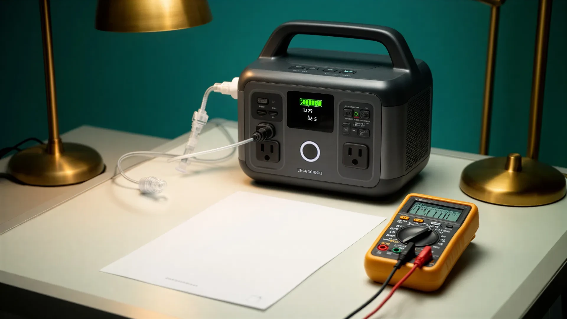 CPAP battery troubleshooting setup with portable power station and multimeter