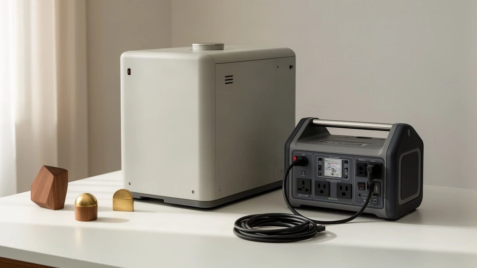 A large home battery beside a small portable power station and a coiled cable